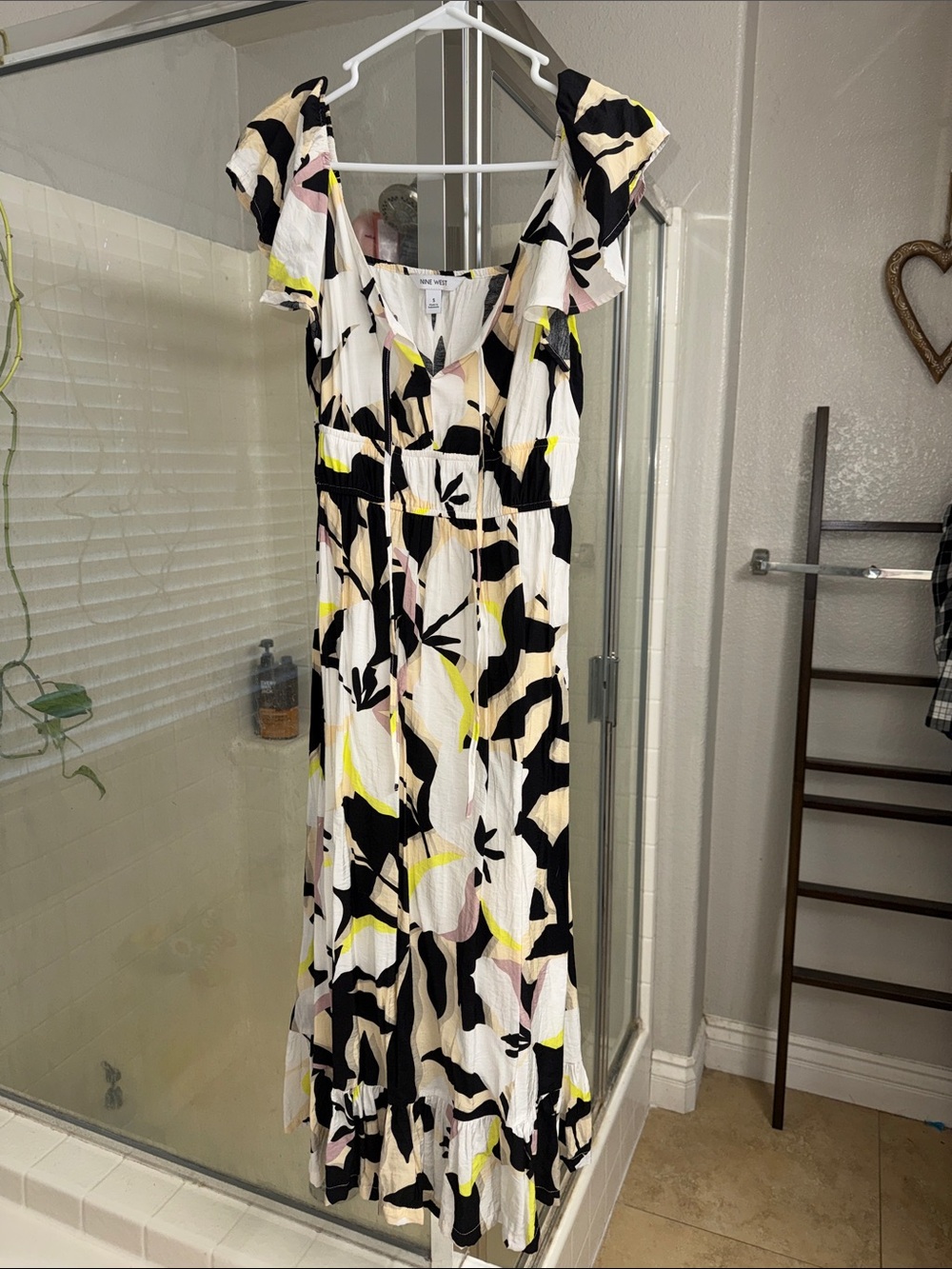 Nine West White Maxi Dress with Black, Pink & Yellow Floral Print